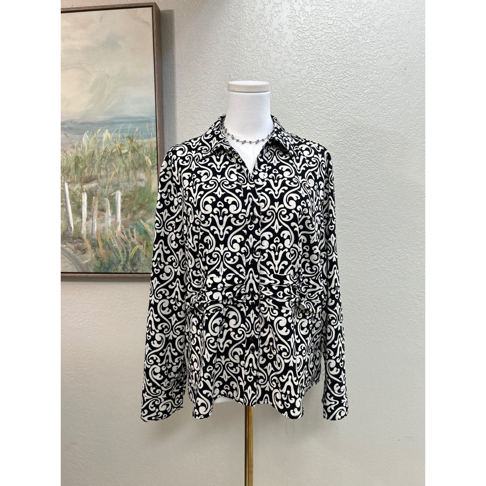 East 5th Petite Black White Scroll Print Button Front Blouse Tie Waist Top XL